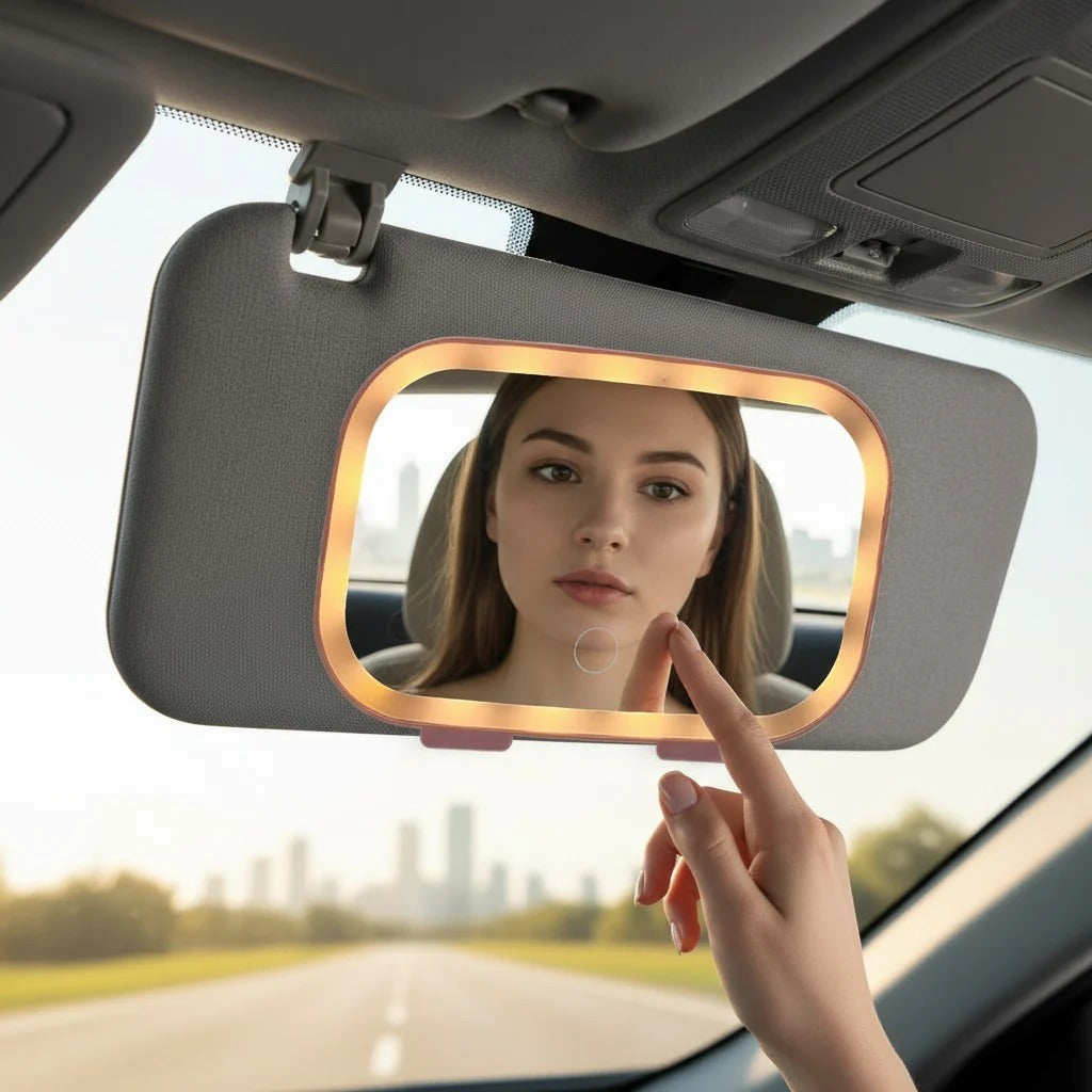 Car Sun Makeup Mirror With 3 LED Color
