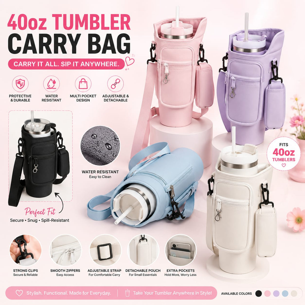 40oz Tumbler Carry Bag with Adjustable Strap – Random Color