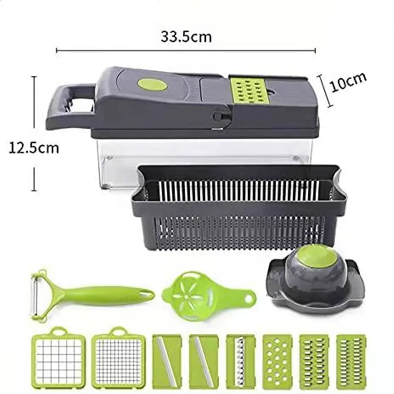 Vegetable Chopper 16 Pcs Set – Manual Onion Chopper, Food Slicer, Dicer, Grater & Potato Cutter with Handle – Multi-Function Kitchen Tool