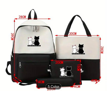 Cute Cat Print 5-in-1 School Bag Set for Girls – Black Backpack Combo